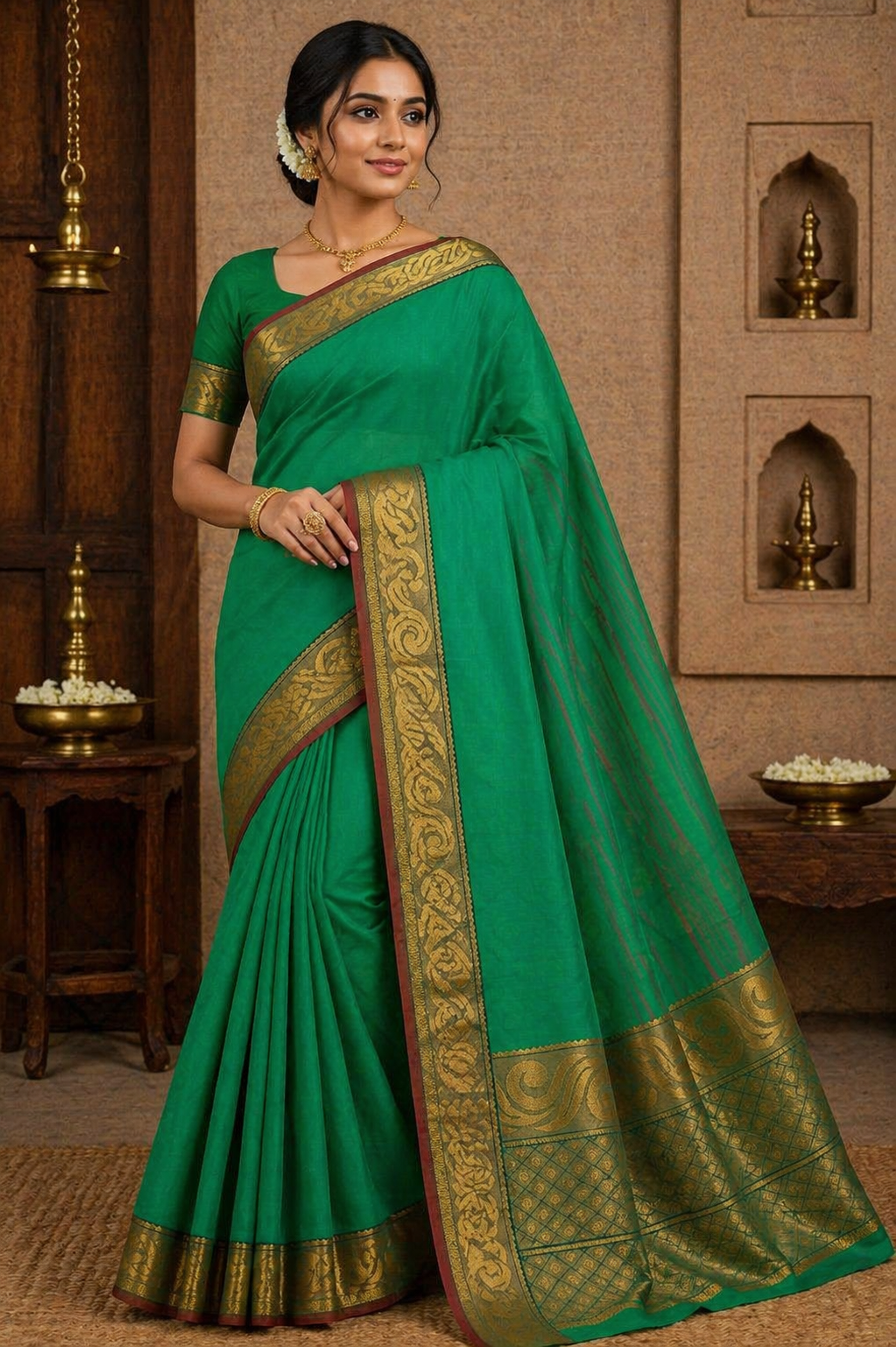 Chettinad Cotton Handloom Saree in Leaf Green with Gold Zari Border