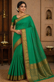 Chettinad Cotton Handloom Saree in Leaf Green with Gold Zari Border