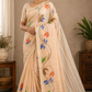 Jute Cotton Oil Paint Saree in Soft Beige with Multicolor Floral Design