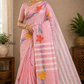 Elegant Pastel Pink Jute Cotton Saree with Artistic Floral Oil Paint Design