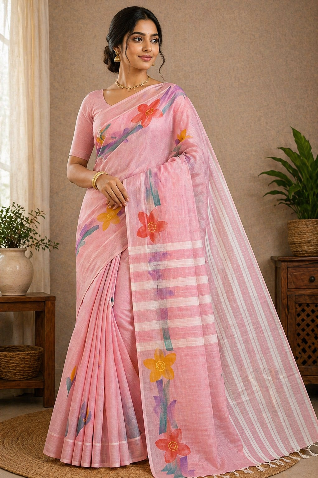 Elegant Pastel Pink Jute Cotton Saree with Artistic Floral Oil Paint Design