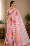 Elegant Pastel Pink Jute Cotton Saree with Artistic Floral Oil Paint Design