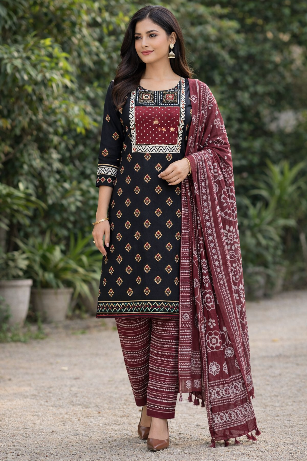 Classic Maroon & Black Geometric Printed Unstitched Salwar Suit with Dupatta