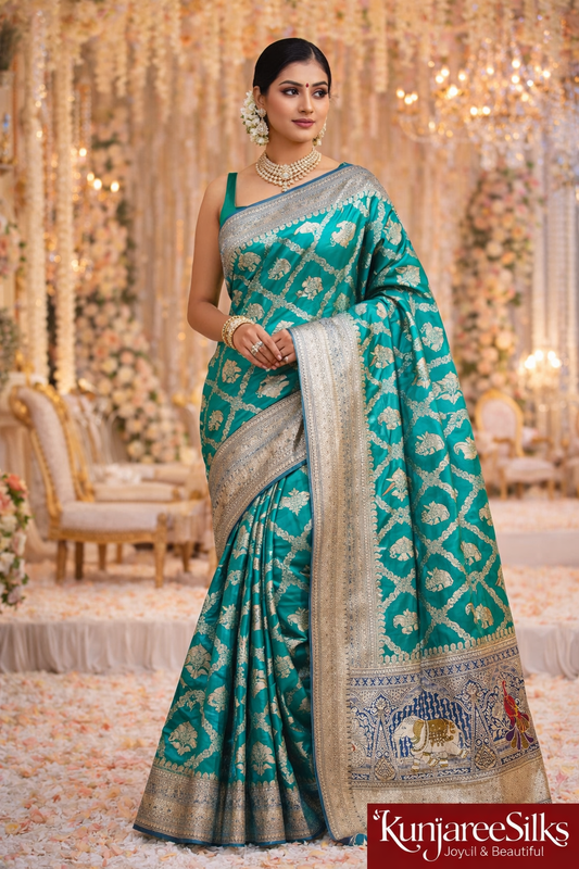 Bridal Teal Green Banarasi Silk Saree with Rich Silver Zari Elephant Pallu