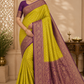 Semi Silk Butta Saree – Mustard Yellow with Wine Purple Rich Zari Border & Grand Pallu