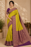 Semi Silk Butta Saree – Mustard Yellow with Wine Purple Rich Zari Border & Grand Pallu