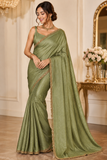 Elegant Sage Green Space Silk Jimmy Choo Saree with Antique Gold Designer Border