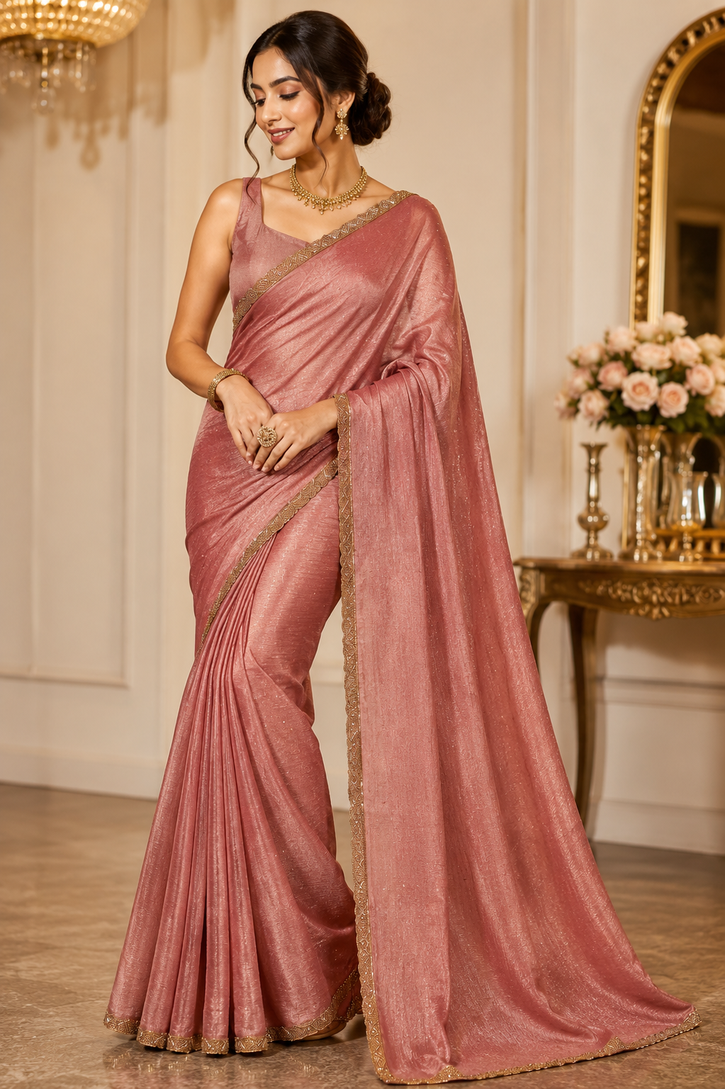 Elegant Dusty Rose Space Silk Jimmy Choo Saree with Antique Gold Embellished Border
