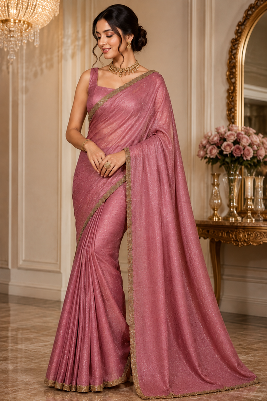 Graceful Blush Pink Space Silk Jimmy Choo Saree with Antique Gold Designer Border