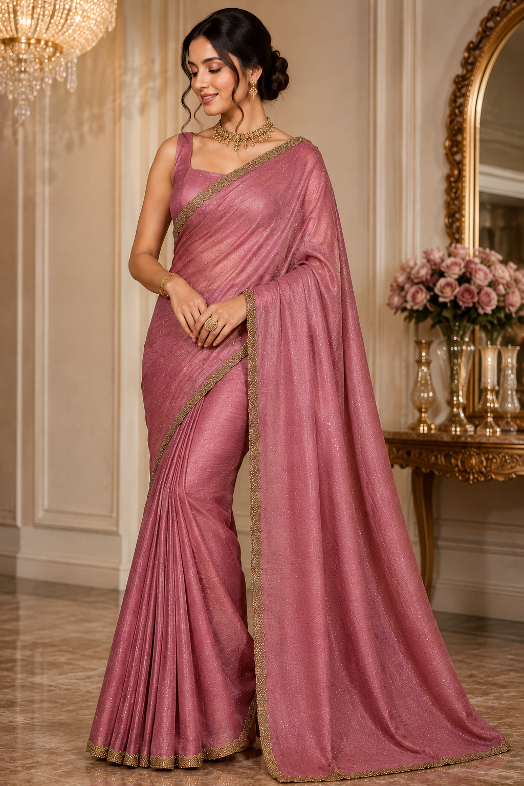 Graceful Blush Pink Space Silk Jimmy Choo Saree with Antique Gold Designer Border