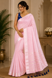 Graceful Pink Linen Saree with Royal Blue Designer Blouse & Silver-Gold Zari Border