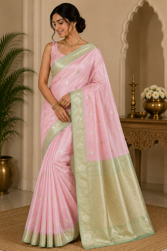 Elegant Baby Pink Banarasi Silk Saree with Silver-Gold Zari Floral Border