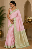 Elegant Baby Pink Banarasi Silk Saree with Silver-Gold Zari Floral Border
