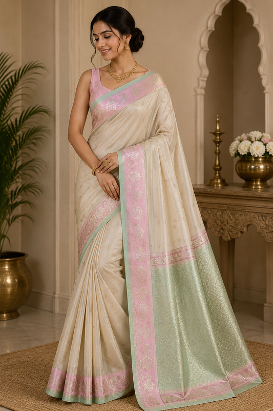 Elegant Ivory Beige Banarasi Saree with Blush Pink & Mint Green Zari Border