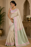 Elegant Ivory Beige Banarasi Saree with Blush Pink & Mint Green Zari Border