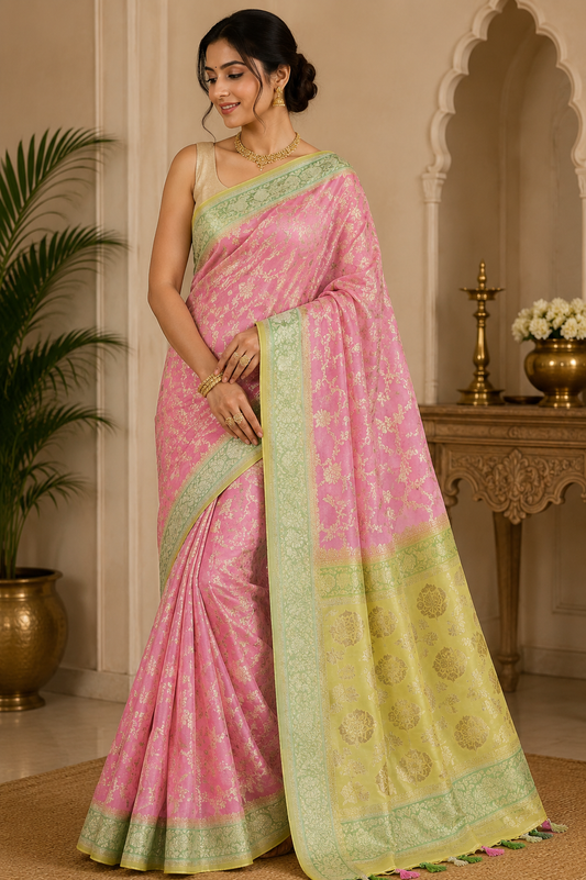 Rose Pink Banarasi Georgette Rangkat Saree with - Mint Green Floral Border
