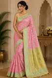 Rose Pink Banarasi Georgette Rangkat Saree with - Mint Green Floral Border