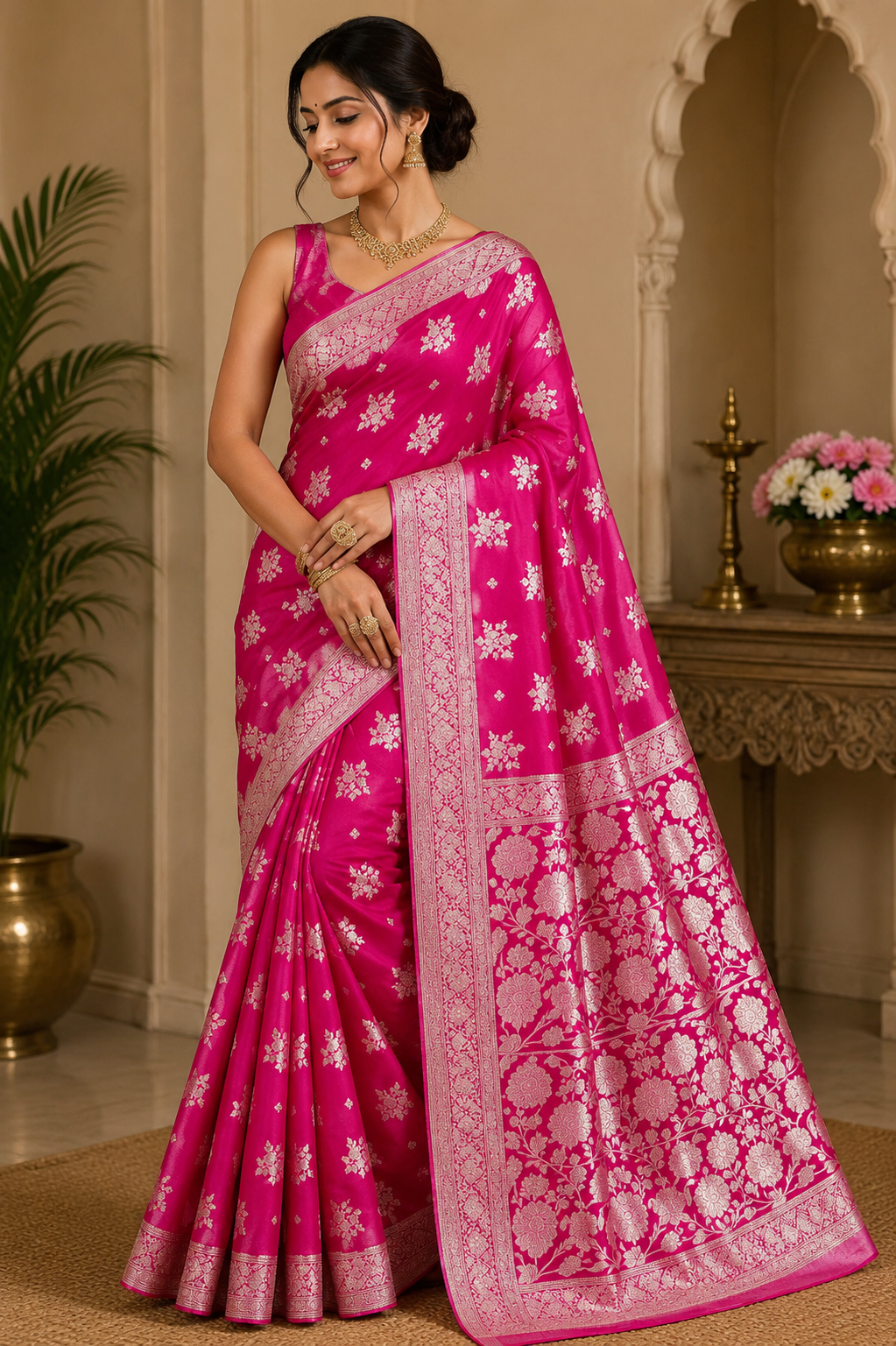 Rani Pink Banarasi Crepe Saree with Zari Floral Weaving
