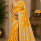 Radiant Mustard Yellow Banarasi Crepe Saree with Antique Silver Floral Zari Border