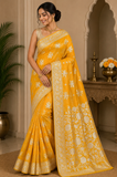 Radiant Mustard Yellow Banarasi Crepe Saree with Antique Silver Floral Zari Border