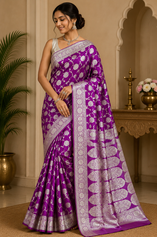 Royal Orchid Purple Banarasi Uppada Saree with Antique Silver Floral Jaal & Grand Pallu
