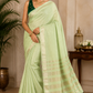 Elegant Pistachio Green Linen Saree with Golden Zari Border & Designer Blouse