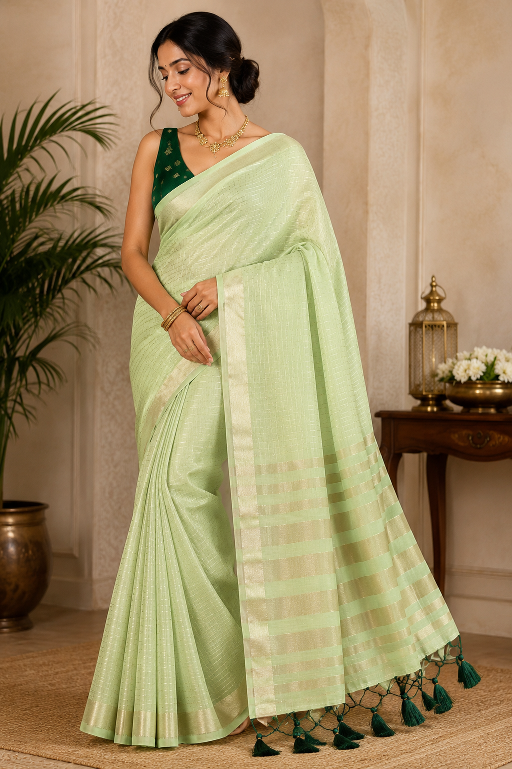 Elegant Pistachio Green Linen Saree with Golden Zari Border & Designer Blouse