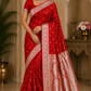 Rich Vermilion Red Banarasi Mashroo Silk Saree with Antique Silver Zari Buttis