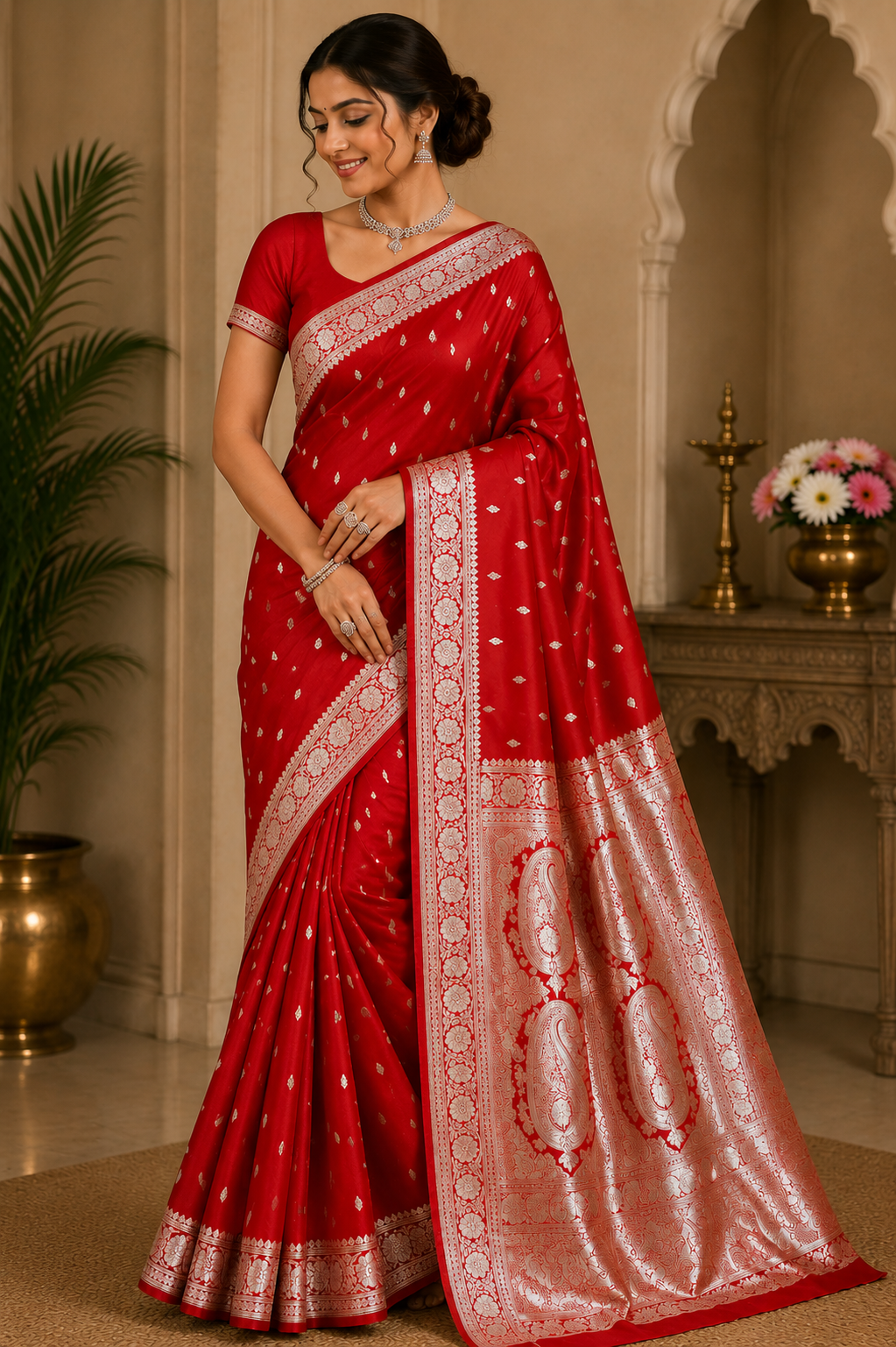 Rich Vermilion Red Banarasi Mashroo Silk Saree with Antique Silver Zari Buttis