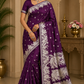 Banarasi Mashroo Silk Saree in Royal Plum Purple with Silver Zari Floral Border