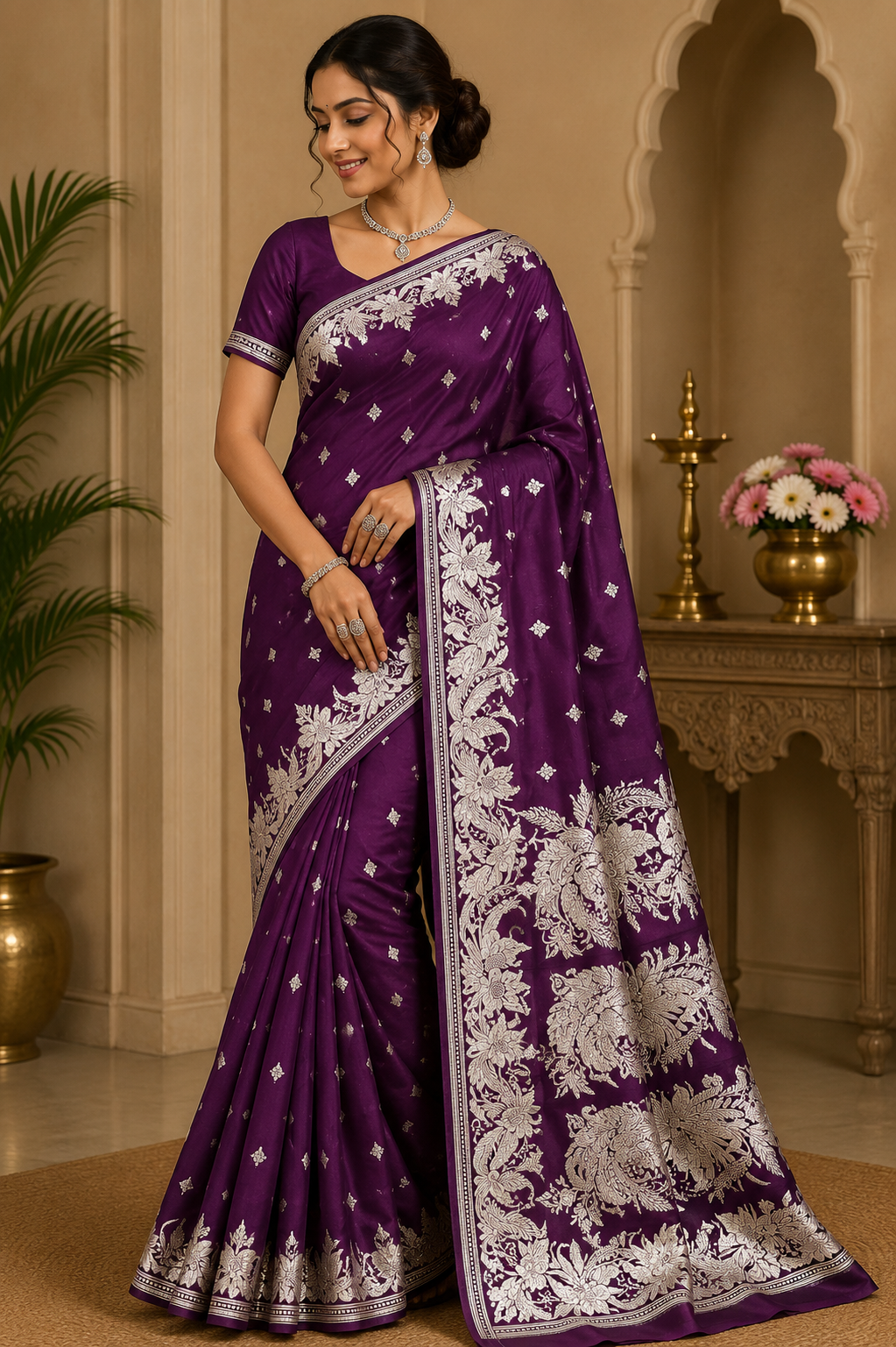 Banarasi Mashroo Silk Saree in Royal Plum Purple with Silver Zari Floral Border