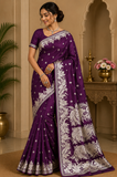Banarasi Mashroo Silk Saree in Royal Plum Purple with Silver Zari Floral Border