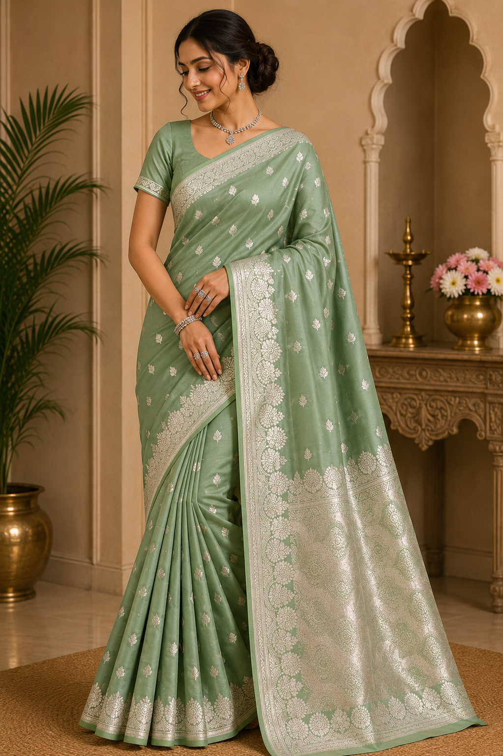 Banarasi Mashroo Silk Saree in Sage Green with Silver Zari Elegance