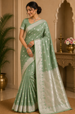 Banarasi Mashroo Silk Saree in Sage Green with Silver Zari Elegance