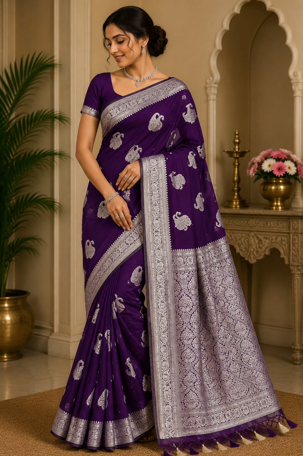 Banarasi Soft Georgette Saree in Royal Purple with Silver Zari Paisley Weaving