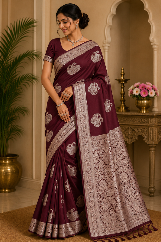 Royal Maroon Banarasi Soft Georgette Saree with Antique Silver Paisley Weaving