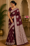 Royal Maroon Banarasi Soft Georgette Saree with Antique Silver Paisley Weaving