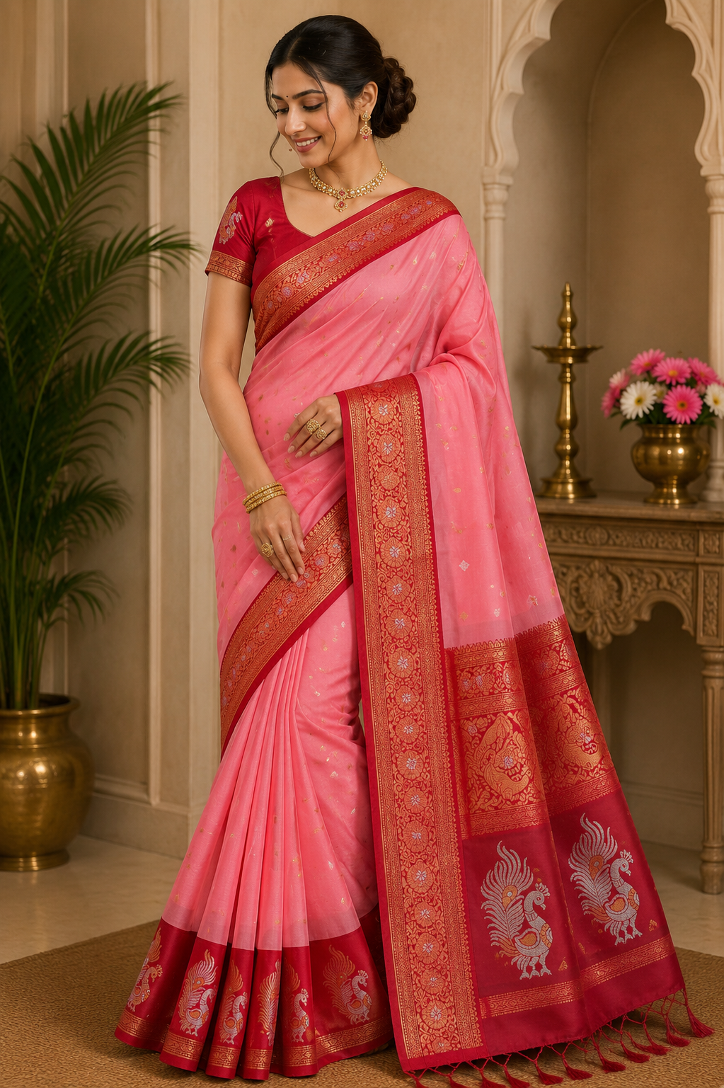 Elegant Salmon Pink Semi Soft Silk Meenakari Saree with Crimson Red Peacock Border