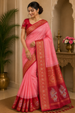 Elegant Salmon Pink Semi Soft Silk Meenakari Saree with Crimson Red Peacock Border