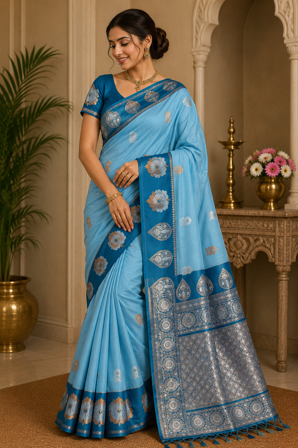 Sky Blue Semi Soft Silk Meenakari Saree with Teal Blue Designer Border & Rich Woven Pallu