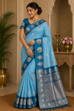 Sky Blue Semi Soft Silk Meenakari Saree with Teal Blue Designer Border & Rich Woven Pallu