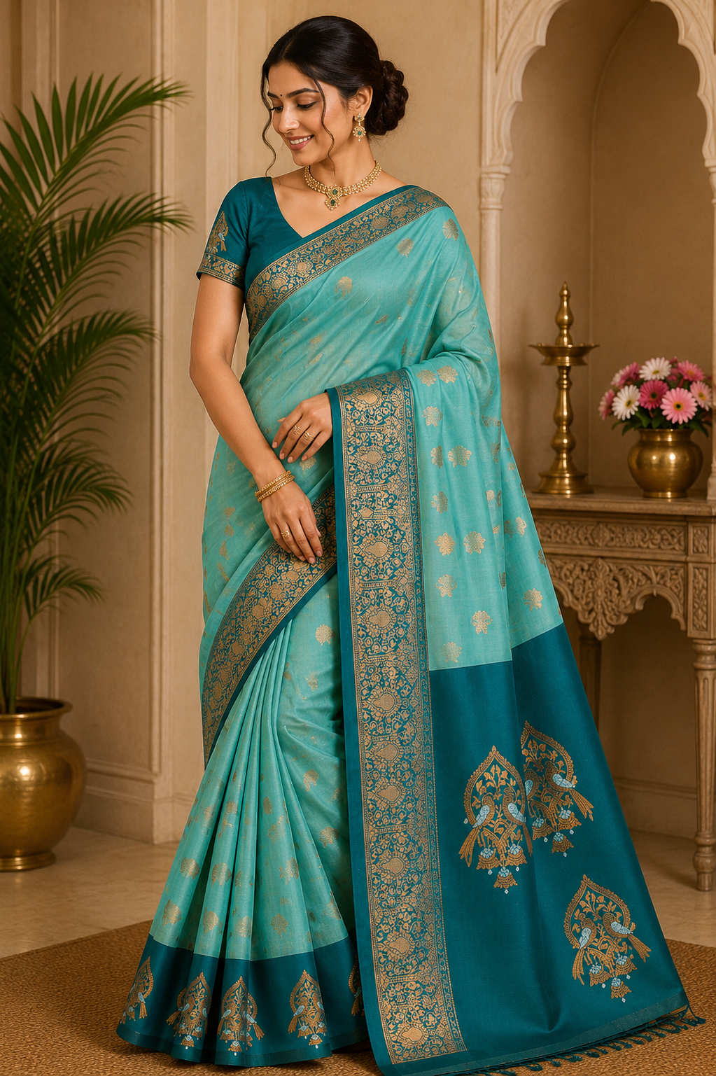 Graceful Aqua Blue Semi Soft Silk Meenakari Saree with Deep Teal Border & Rich Woven Pallu
