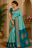 Graceful Aqua Blue Semi Soft Silk Meenakari Saree with Deep Teal Border & Rich Woven Pallu