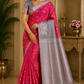 Semi Soft Silk Rani Pink Saree with Steel Grey Contrast Pallu & Silver Zari Peacock Motifs