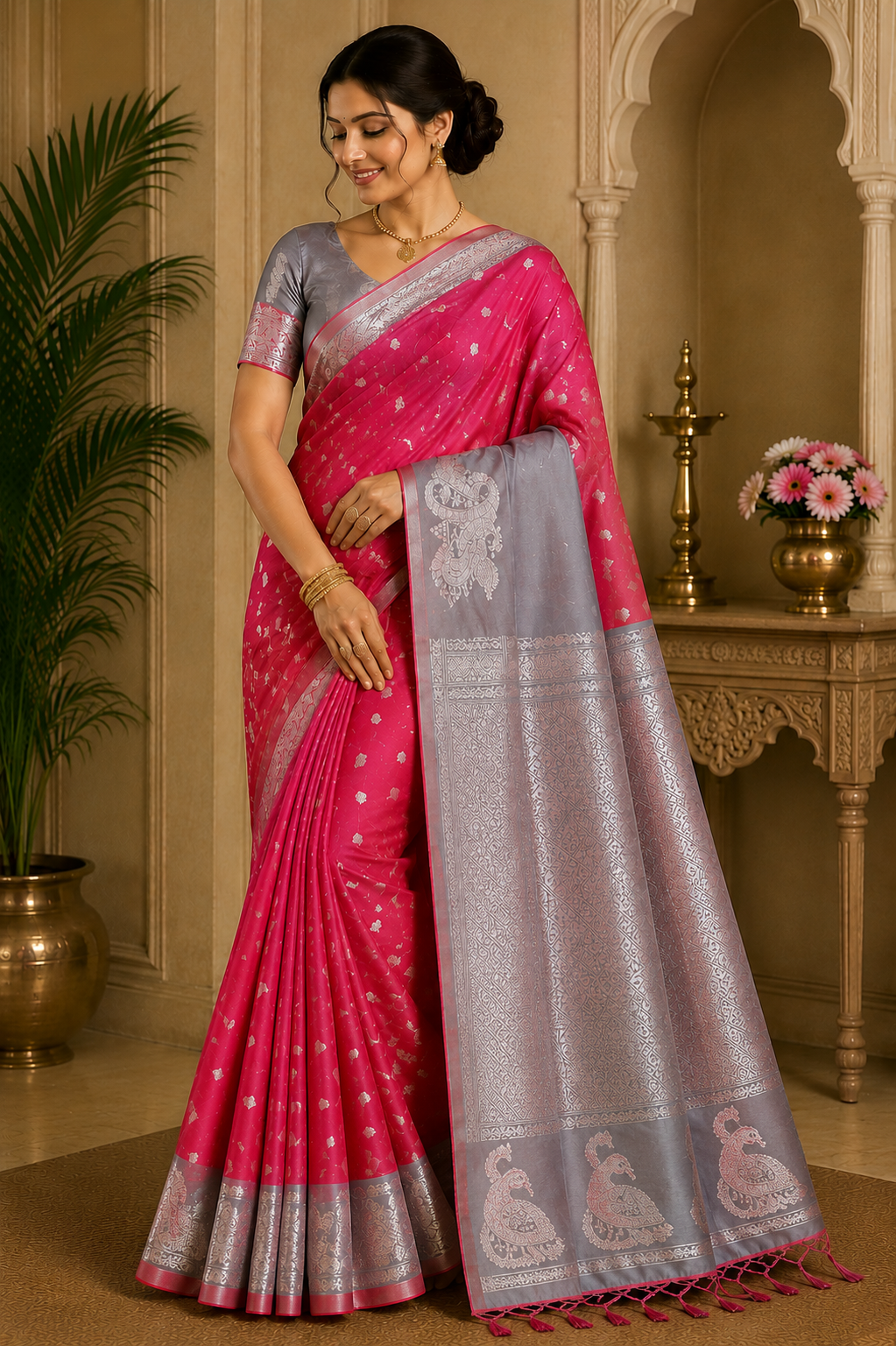 Semi Soft Silk Rani Pink Saree with Steel Grey Contrast Pallu & Silver Zari Peacock Motifs