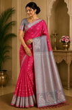 Semi Soft Silk Rani Pink Saree with Steel Grey Contrast Pallu & Silver Zari Peacock Motifs