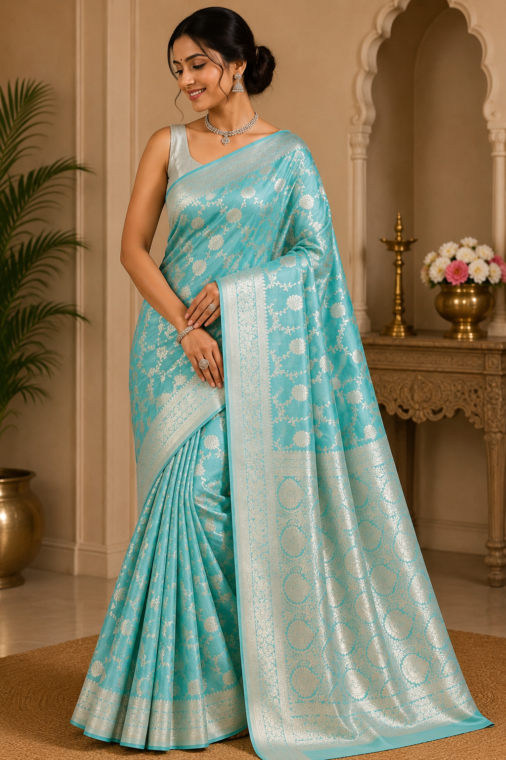 Aqua Blue Banarasi Mashroo Silk Saree with Silver Zari Floral Jaal & Rich Woven Pallu