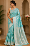 Aqua Blue Banarasi Mashroo Silk Saree with Silver Zari Floral Jaal & Rich Woven Pallu