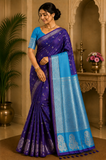 Semi Soft Silk Royal Violet Saree with Aqua Blue Silver Zari Pallu