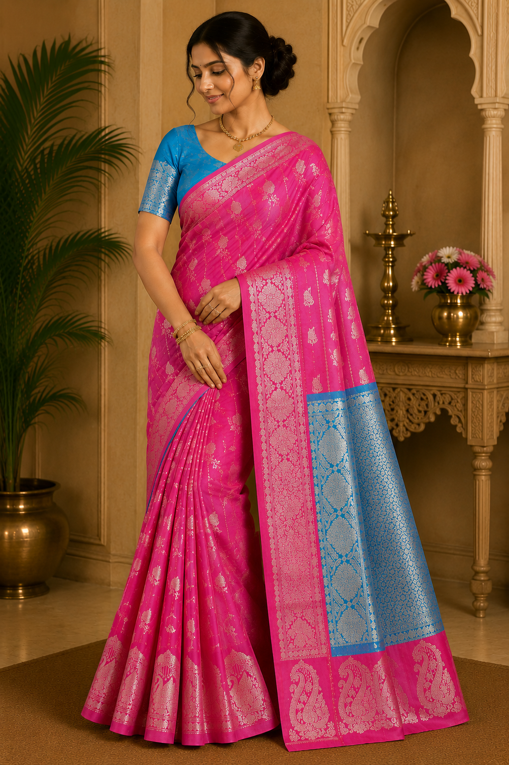 Semi Soft Silk Rani Pink & Aqua Blue Silver Zari Designer Saree
